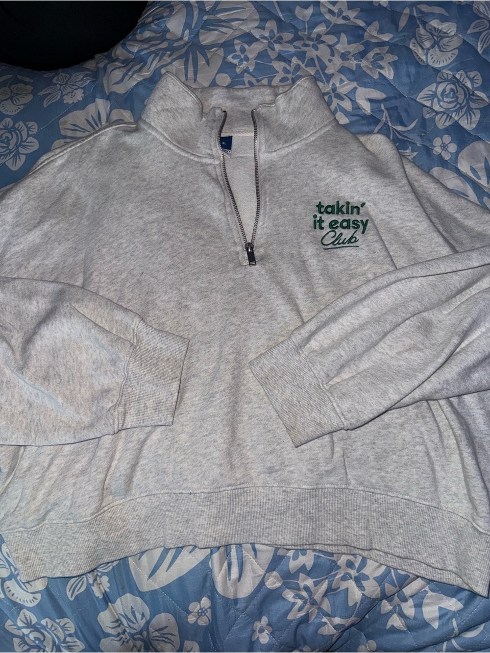 Old Navy Light Gray Quarter-Zip Sweatshirt with Green Script
